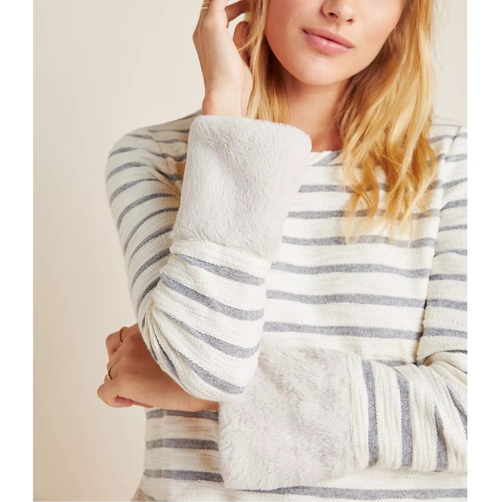 Anthropologie Maeve‎ Astor Fur-Trimmed Striped Pullover Sweater M White/Gray NWT - Picture 2 of 12